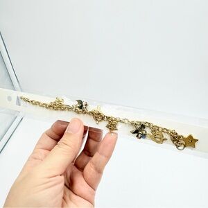 NWT Tofa Vintage-Style Gold Charm Bracelet with Stars & Gemstone Bird Charms